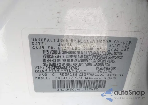 2021 Nissan Kicks Sv Xtronic Cvt z USA, uszkodzony, nr VIN 3N1CP5CV4ML517472